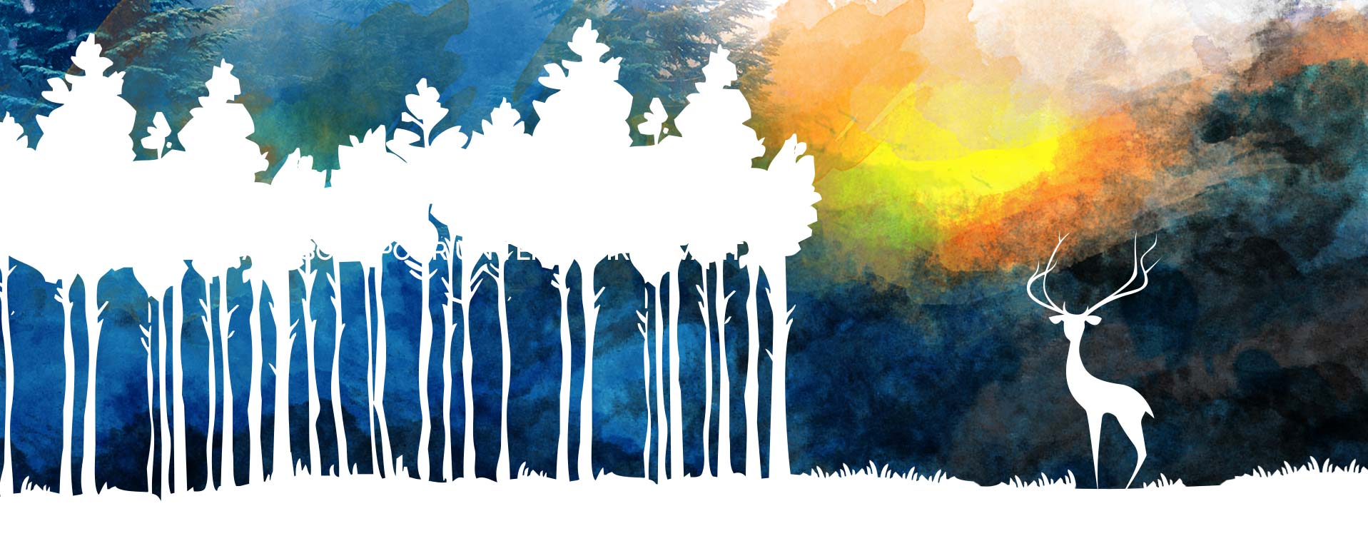 illustration-silhouettes-arbres-cerf-sur-fond-aquarelle